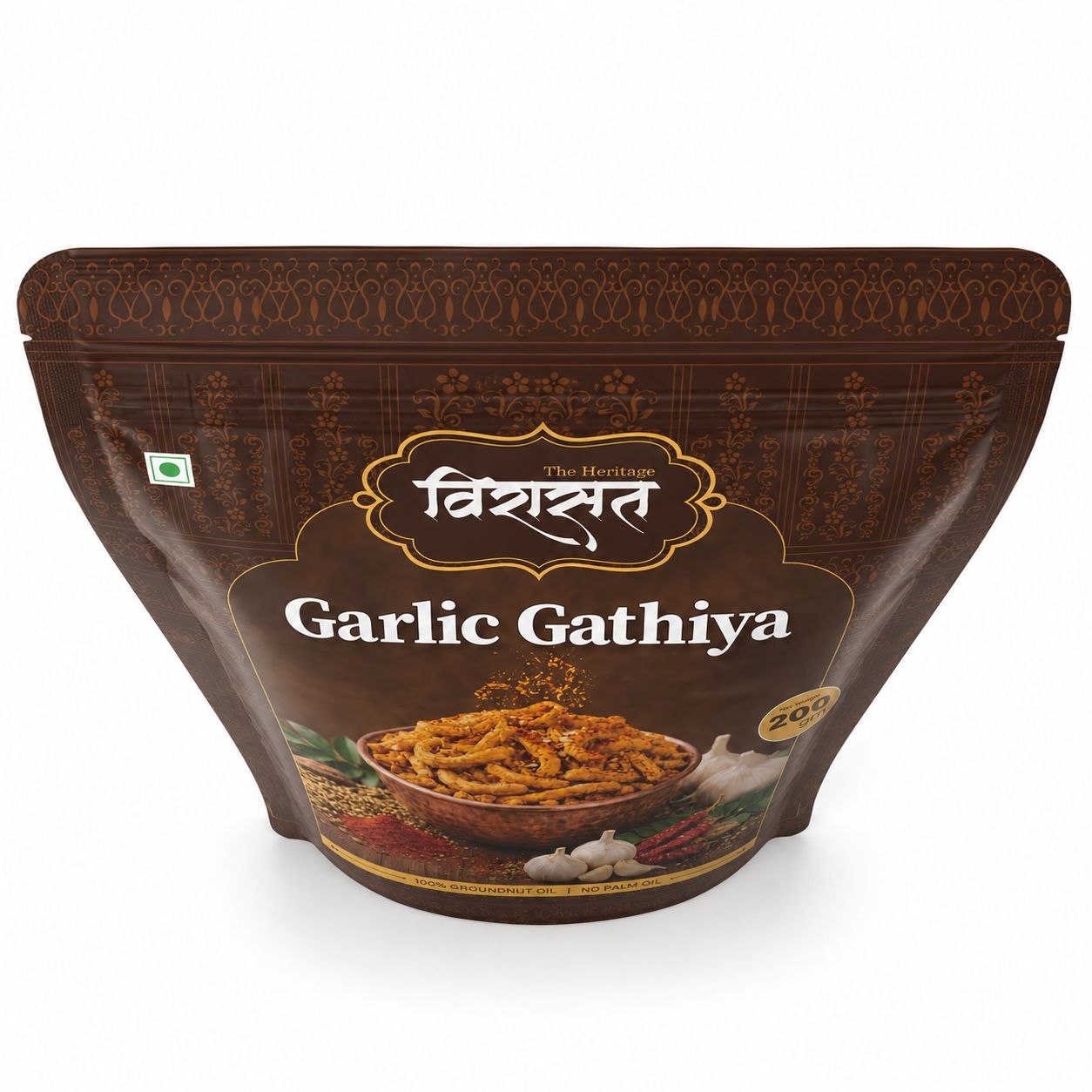 Angled view of a Virasat Namkeen Garlic Gathiya pouch