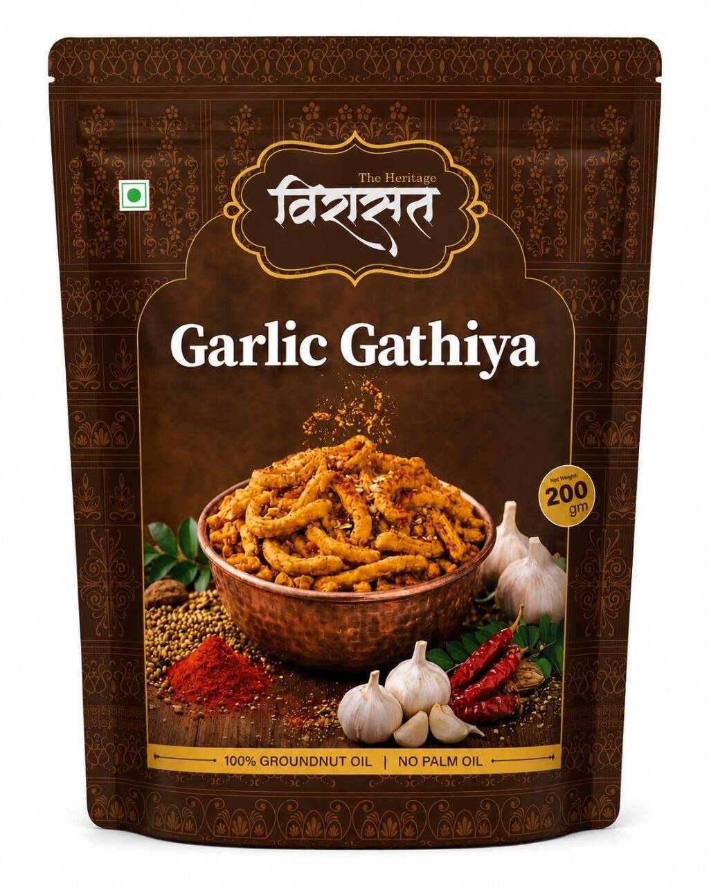 Front of a 200 g Virasat Namkeen Garlic Gathiya pouch